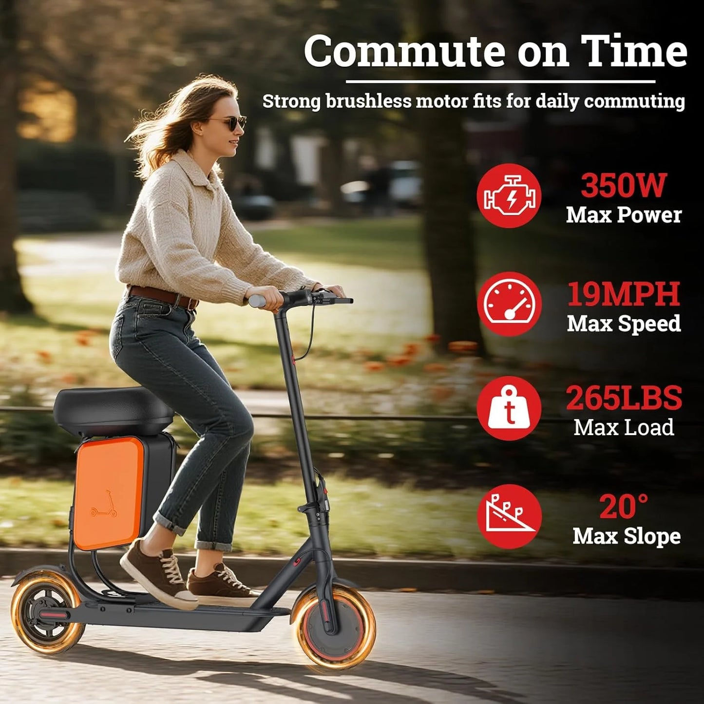 8.5‘’ LADPED LP60 Electric Scooter 350W Motor 36V 5.2Ah Battery 19mph Max Speed Up to 16miles Range with Removable Seat & Box