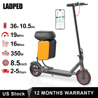 8.5‘’ LADPED LP60 Electric Scooter 350W Motor 36V 5.2Ah Battery 19mph Max Speed Up to 16miles Range with Removable Seat & Box